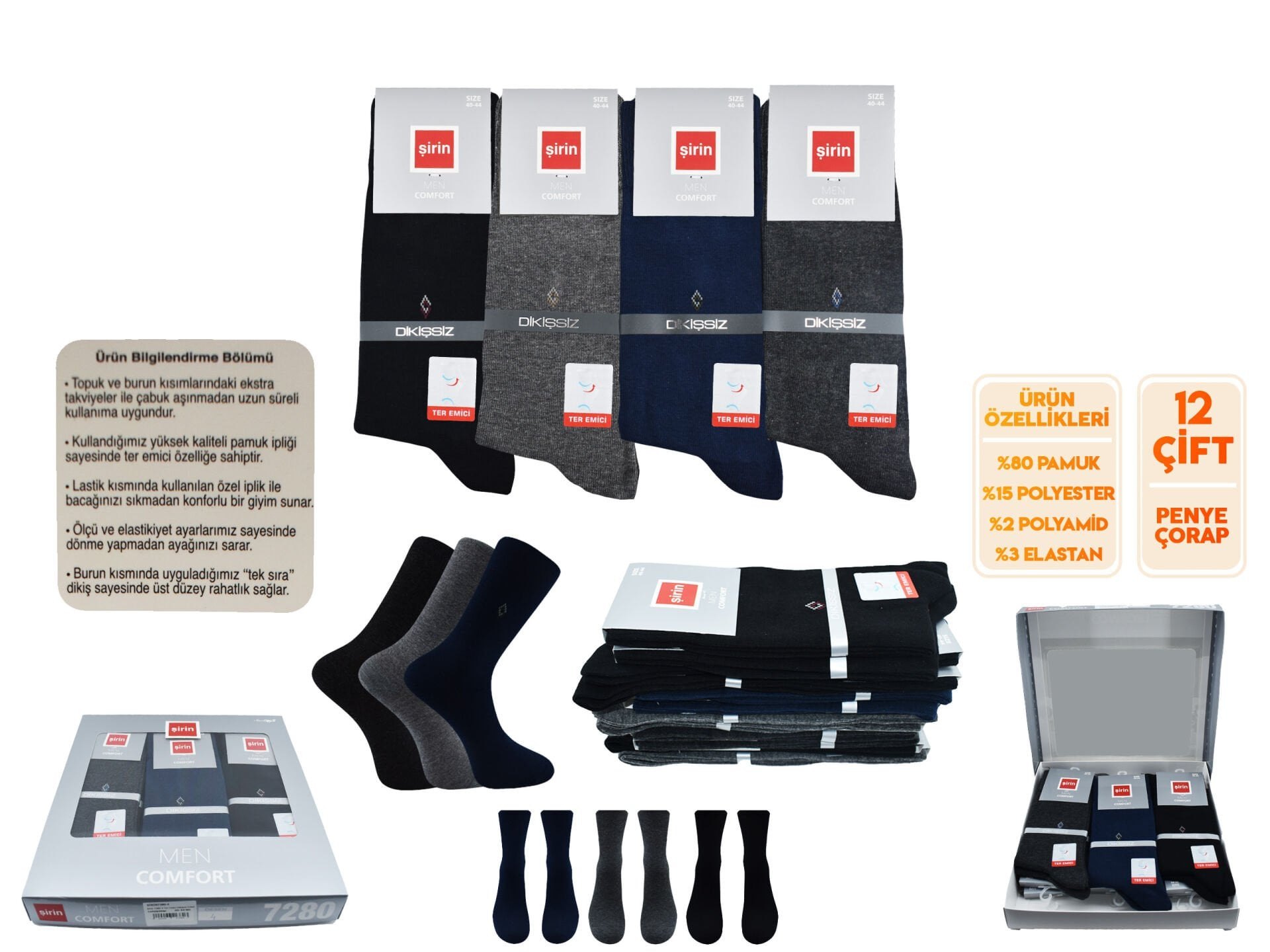 Şirin 7280-4 (40-44) Ter Emici Dikişsiz Erkek Soket Çorap