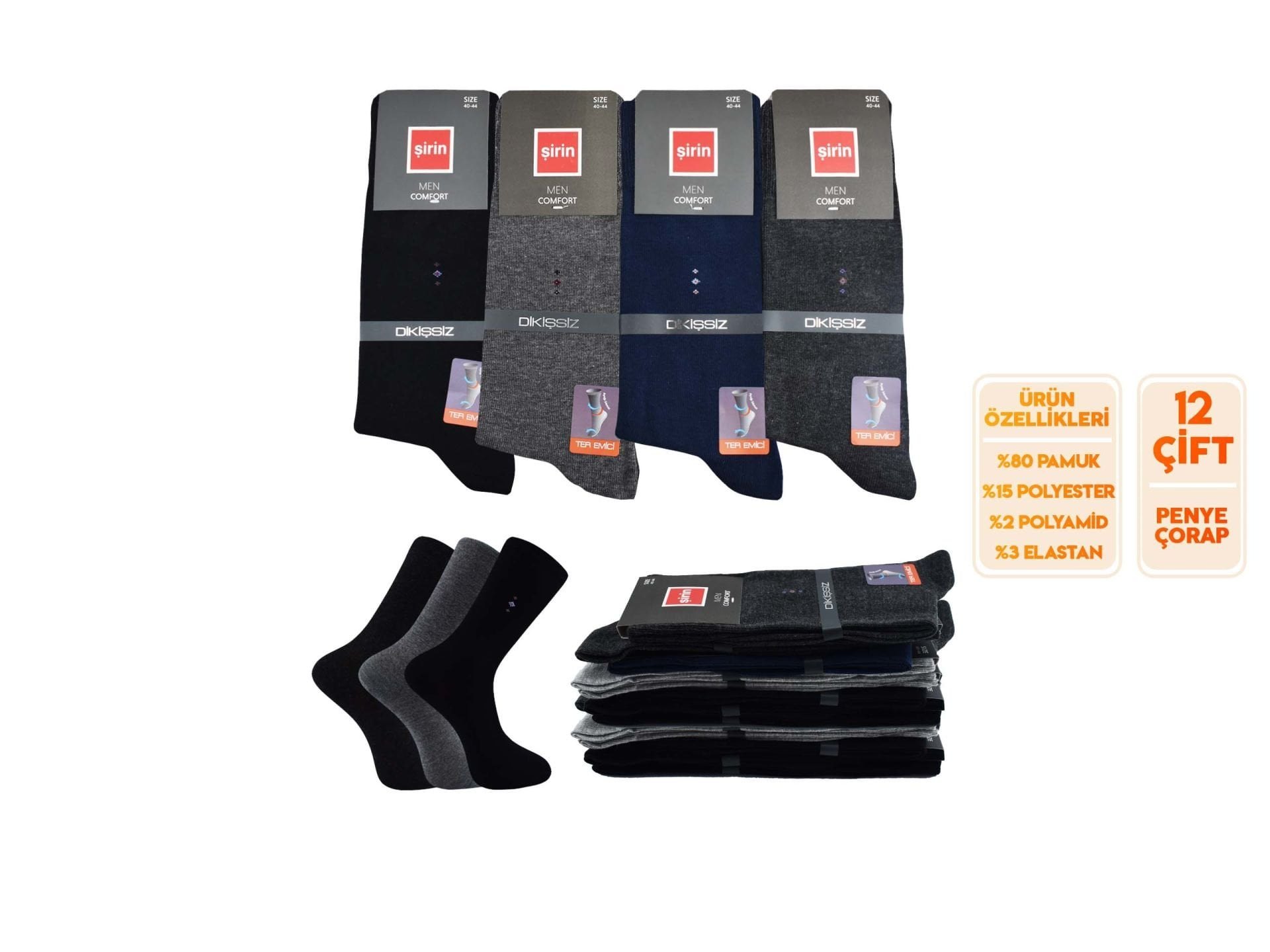 Şirin 7280-9 (40-44) Ter Emici Dikişsiz Erkek Soket Çorap