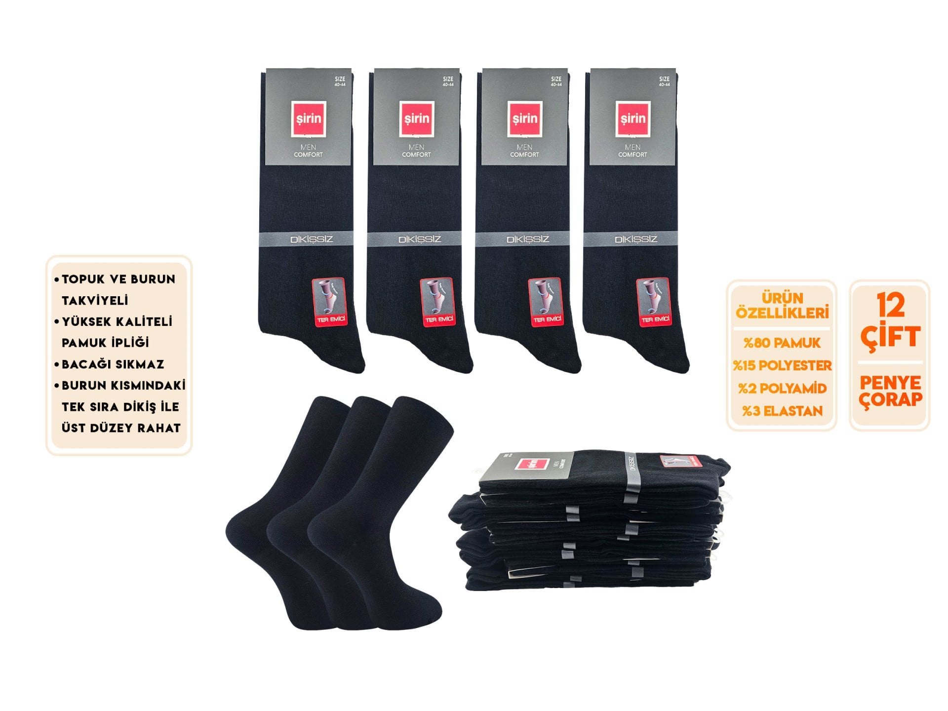Şirin 7280-Düz Siyah (40-44) Ter Emici Dikişsiz Erkek Soket Çorap