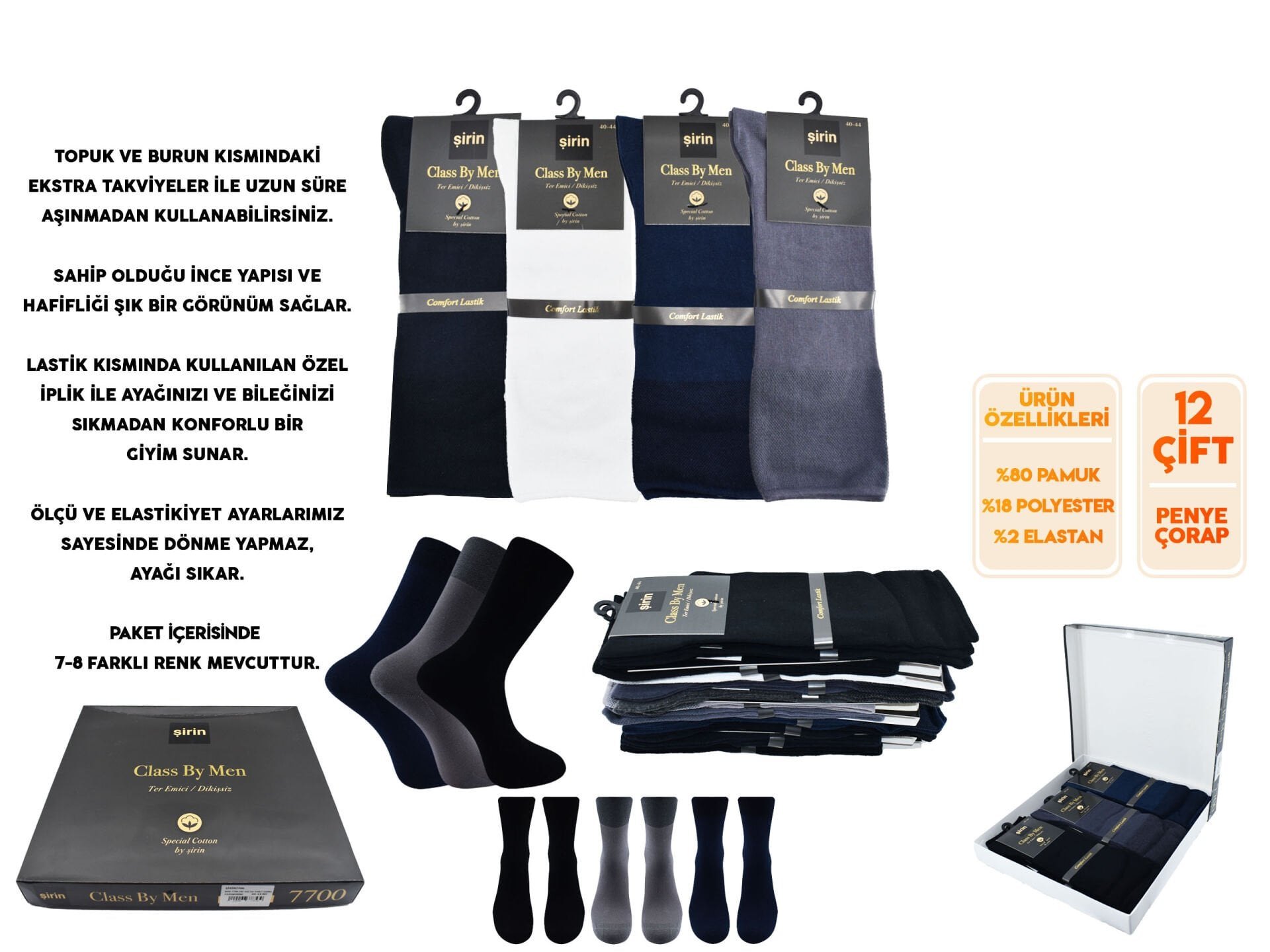 Şirin 7700 (40-44) Ter Emici Lastiksiz Erkek Penye Çorap