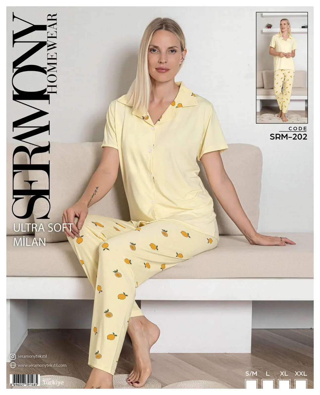 Seramony 202 (S-M-L-XL-XXL) Soft Milan Kısa Kollu Boydan Düğmeli Bayan Pijama Takım