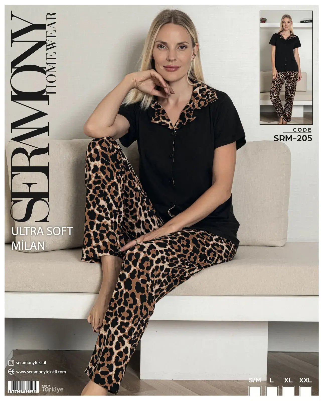 Seramony 205 (S-M-L-XL-XXL) Soft Milan Kısa Kollu Boydan Düğmeli Bayan Pijama Takım