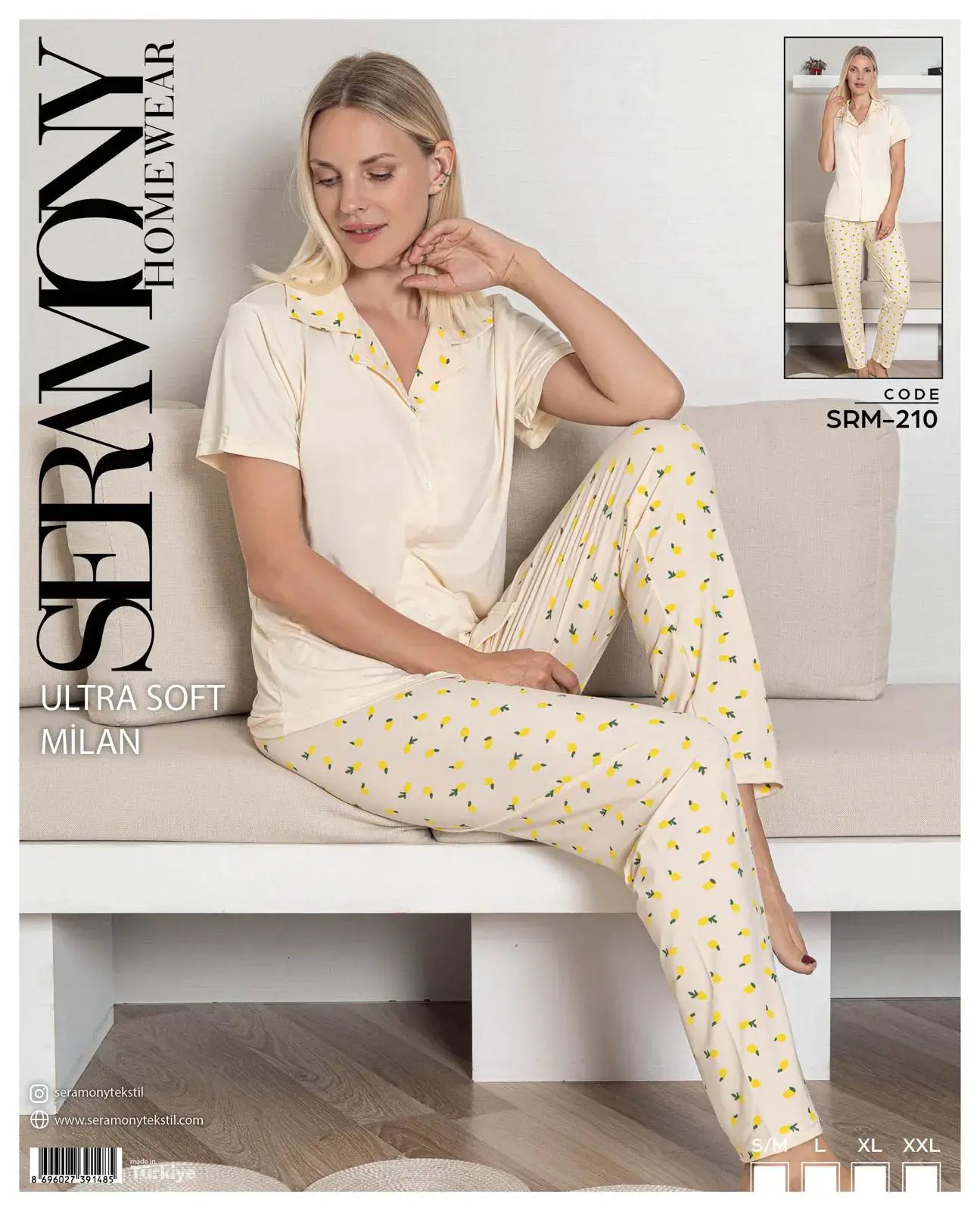 Seramony 210 (S-M-L-XL-XXL) Soft Milan Kısa Kollu Boydan Düğmeli Bayan Pijama Takım