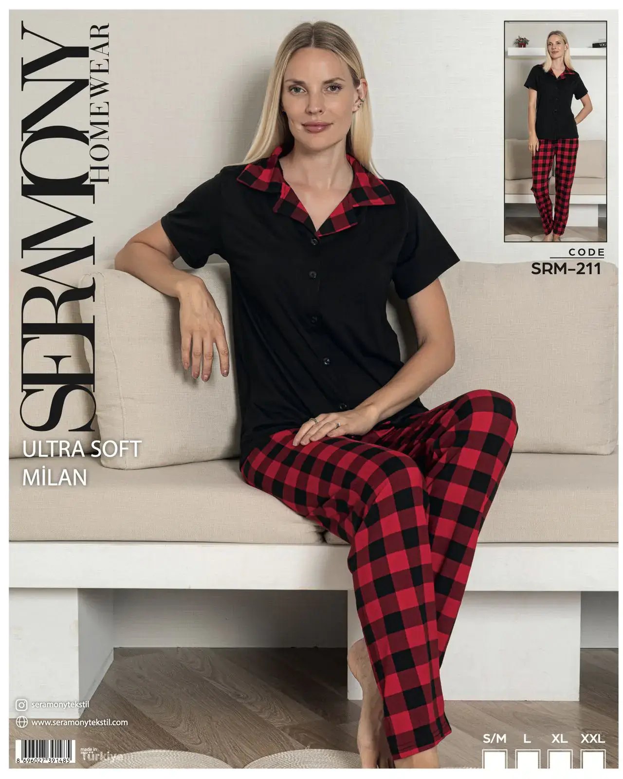 Seramony 211 (S-M-L-XL-XXL) Soft Milan Kısa Kollu Boydan Düğmeli Bayan Pijama Takım