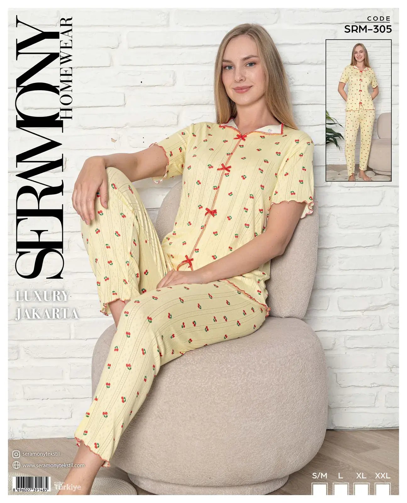 Seramony 305 (S-M-L-XL-XXL) Bayan Jakarlı Fiyonklu Kısa Kollu Pijama Takımı