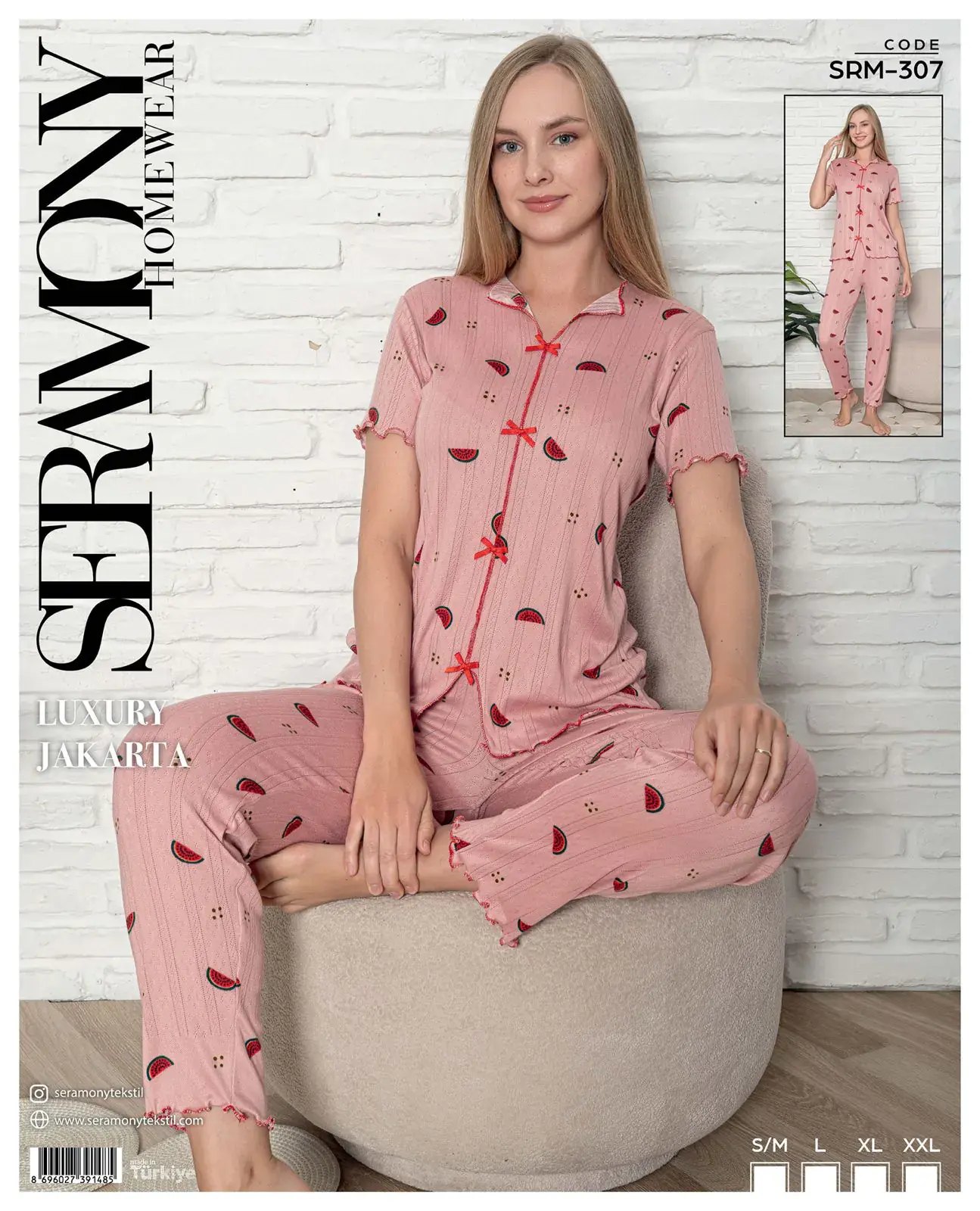 Seramony 307 (S-M-L-XL-XXL) Bayan Jakarlı Fiyonklu Kısa Kollu Pijama Takımı