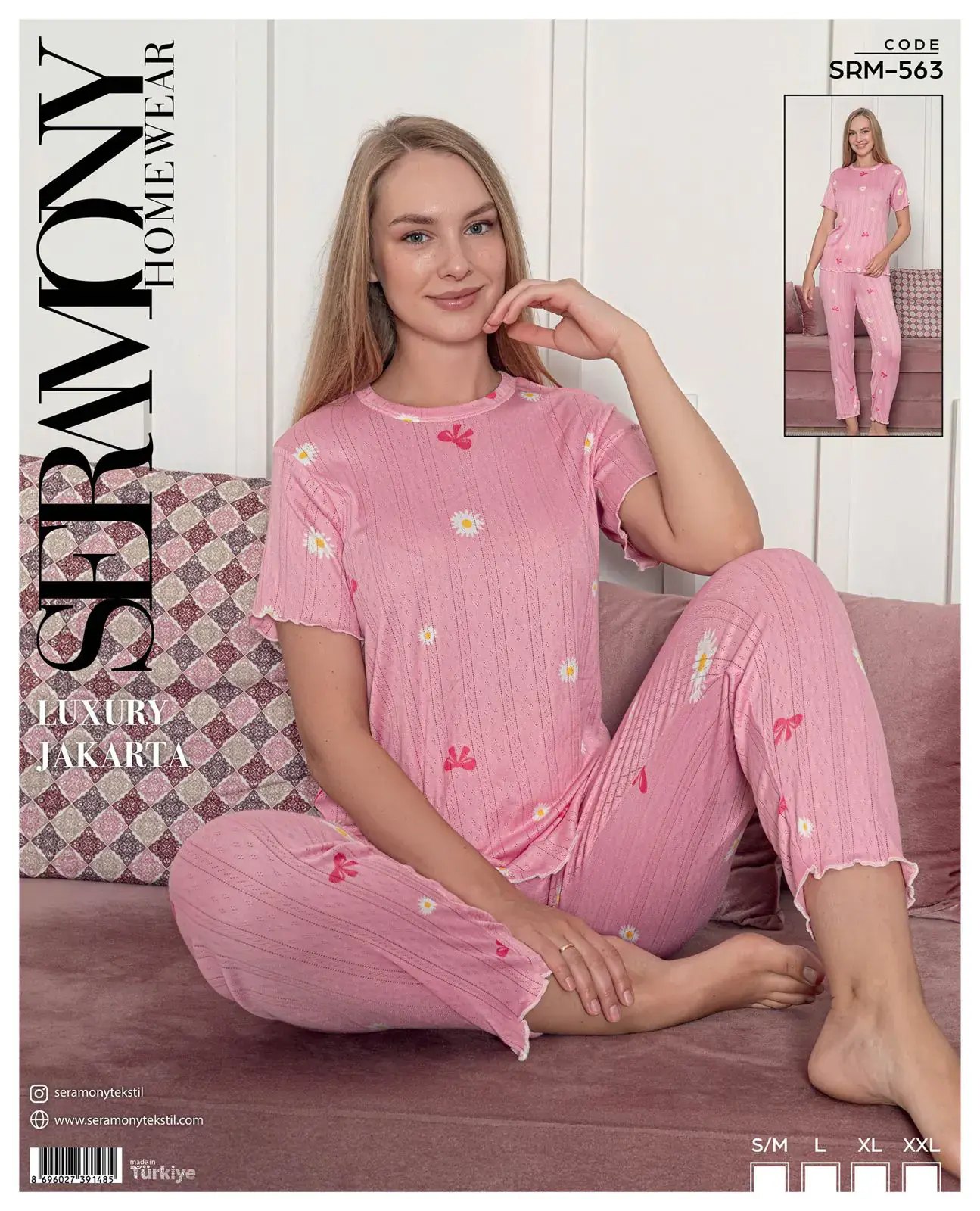 Seramony 563 (S-M-L-XL-XXL) Bayan Jakarlı Kısa Kollu Pijama Takımı