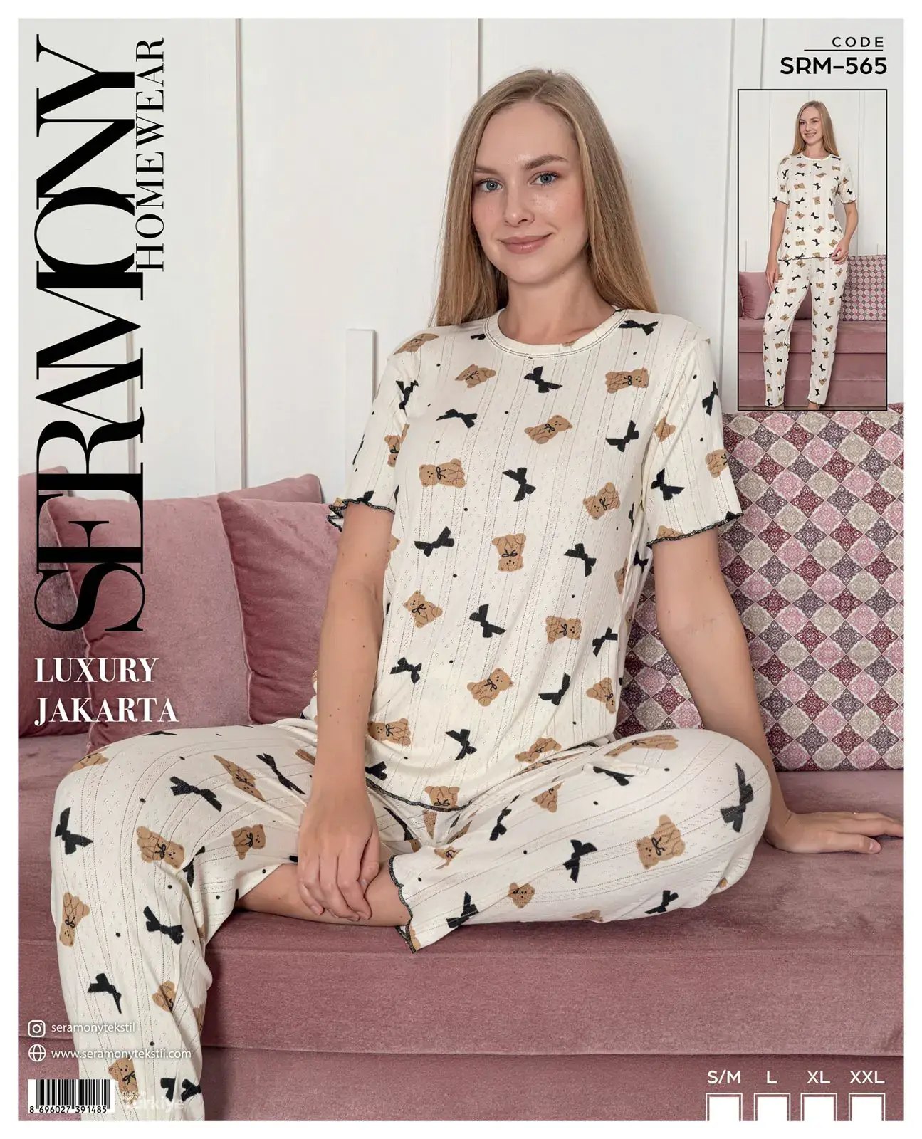 Seramony 565 (S-M-L-XL-XXL) Bayan Jakarlı Kısa Kollu Pijama Takımı