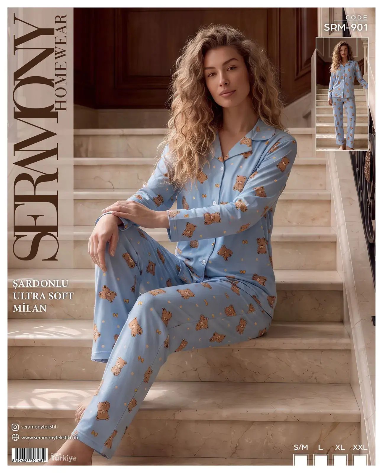 Seramony 901 (S-M-L-XL-XXL) Şardonlu Milan Uzun Kollu Boydan Düğmeli Bayan Pijama Takım
