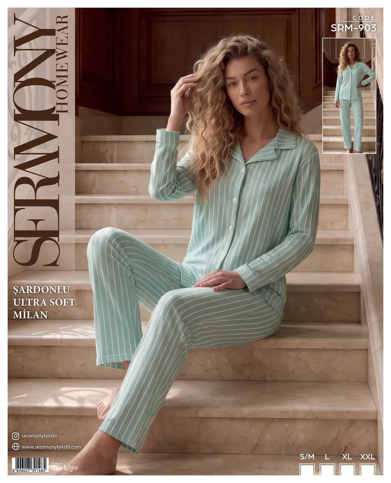 Seramony 903 (S-M-L-XL-XXL) Şardonlu Milan Uzun Kollu Boydan Düğmeli Bayan Pijama Takım