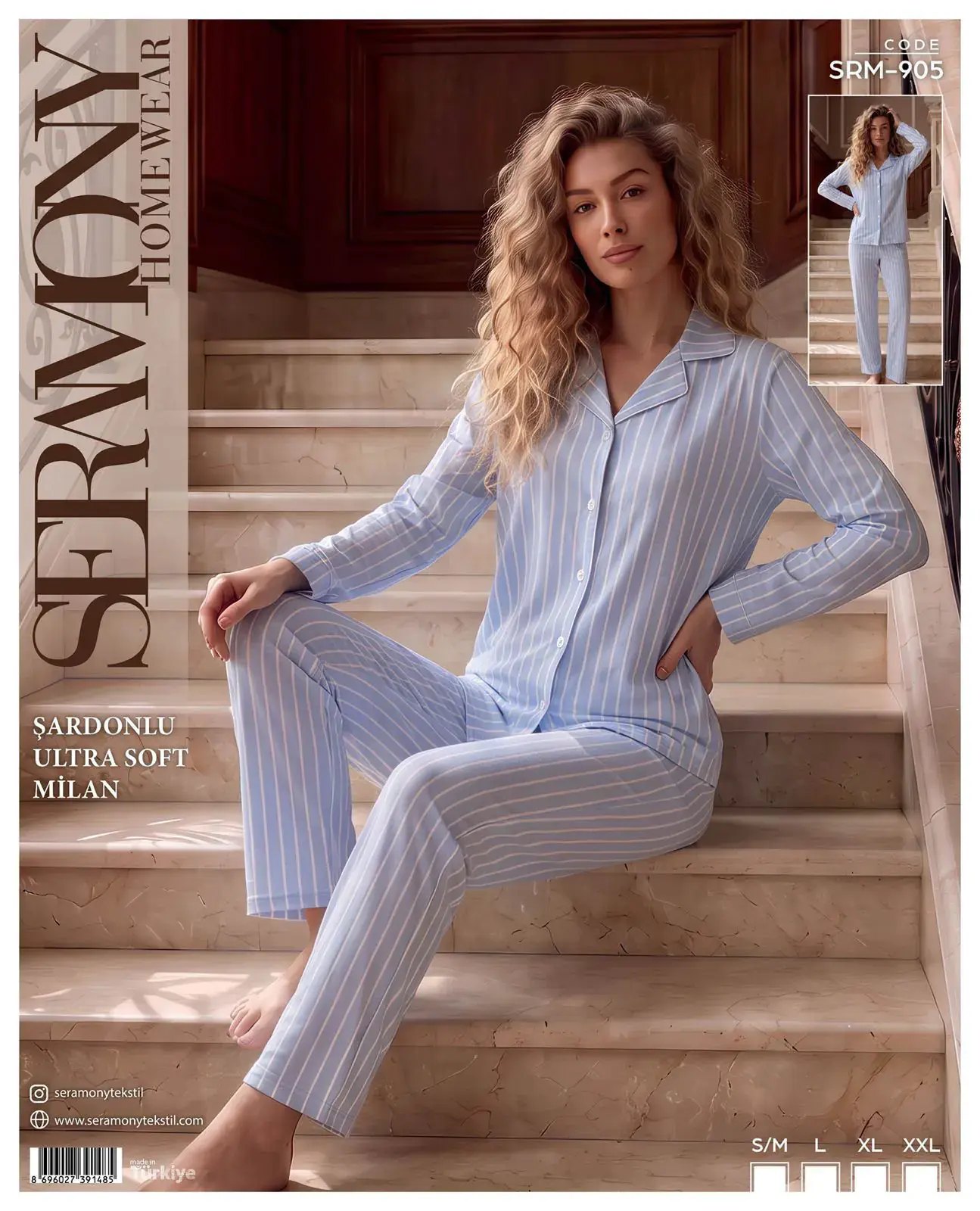 Seramony 905 (S-M-L-XL-XXL) Şardonlu Milan Uzun Kollu Boydan Düğmeli Bayan Pijama Takım