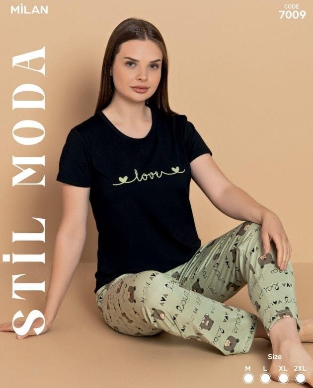 Stil Moda 7009 (M-L-XL-XXL) Milan Bayan Kısa Kol Pijama Takım