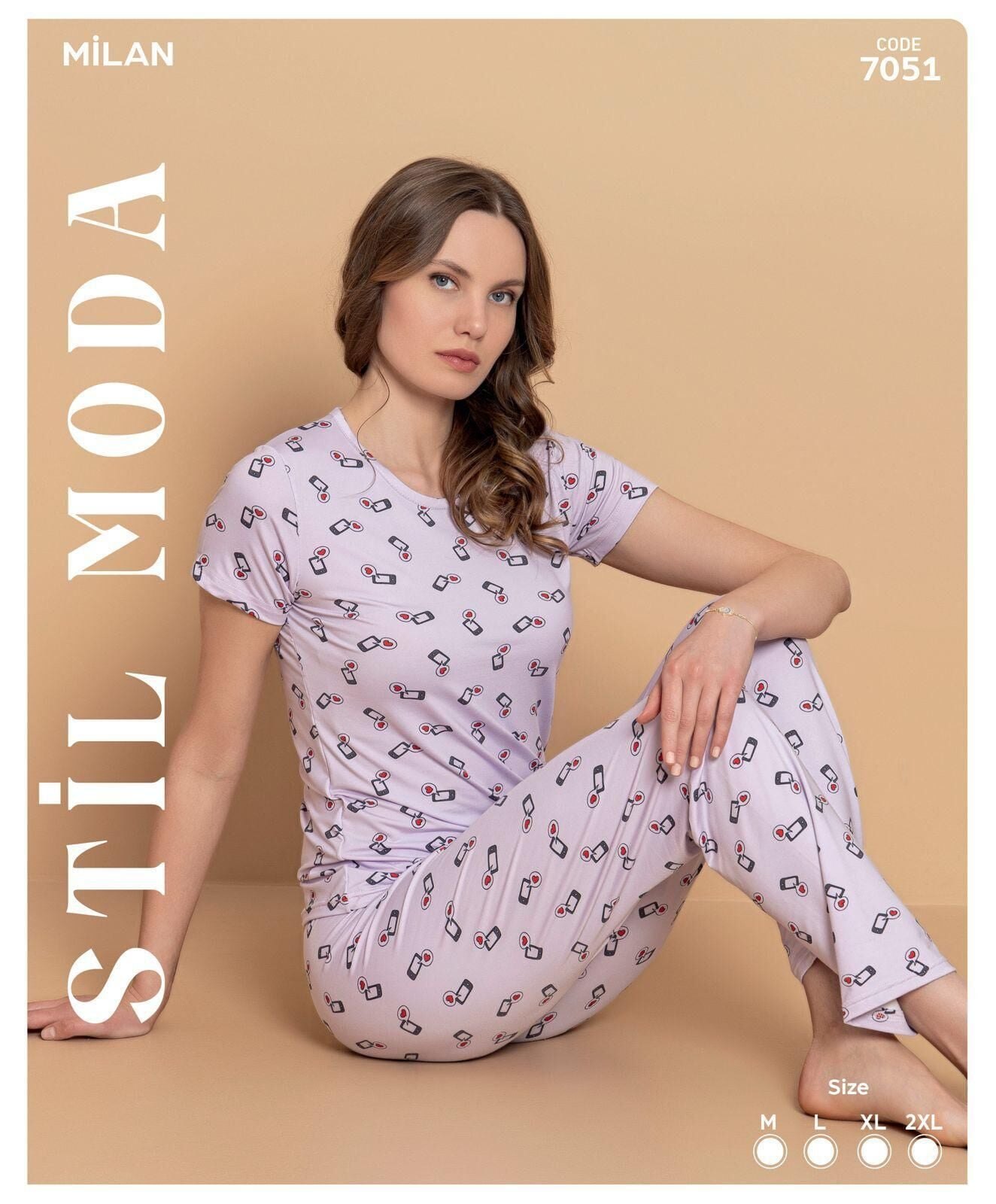 Stil Moda 7051 (M-L-XL-XXL) Milan Bayan Kısa Kol Pijama Takım