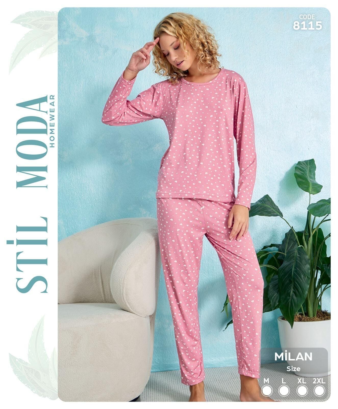 Stil Moda 8115 (M-L-XL-XXL) Milan Bayan Uzun Kol Pijama Takım