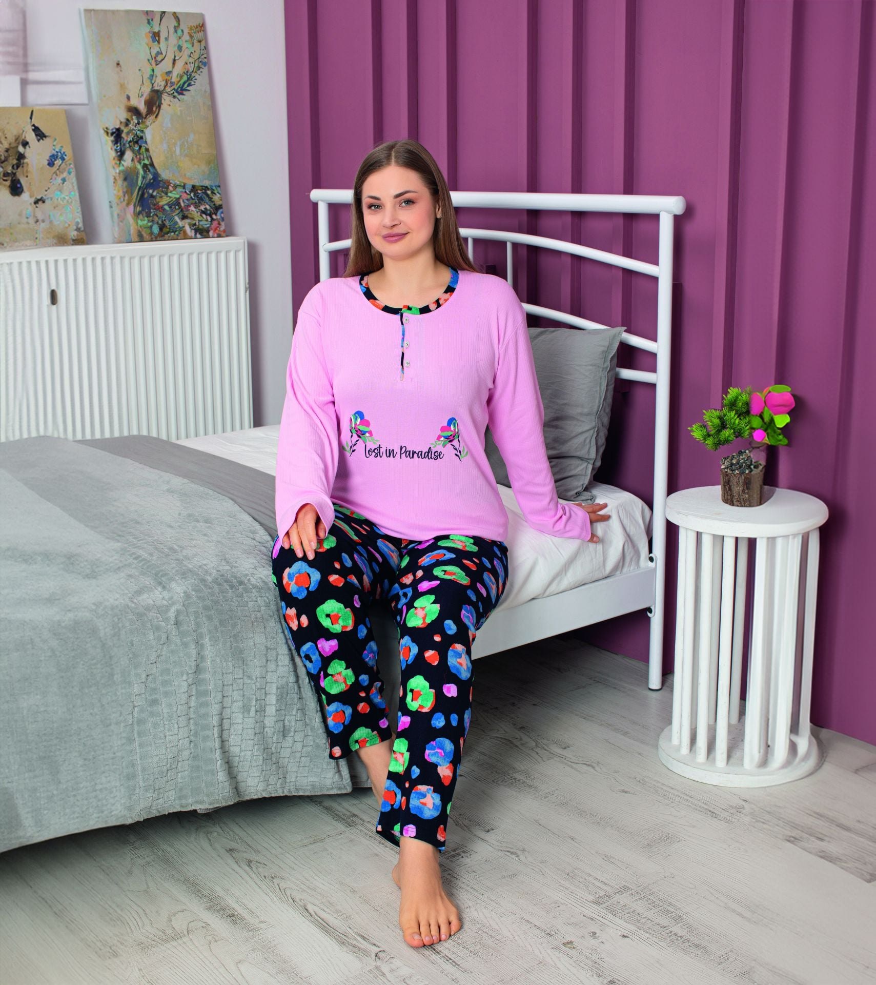 Tekten 5430 Bayan Battal Beden Uzun Kollu Pijama Takım