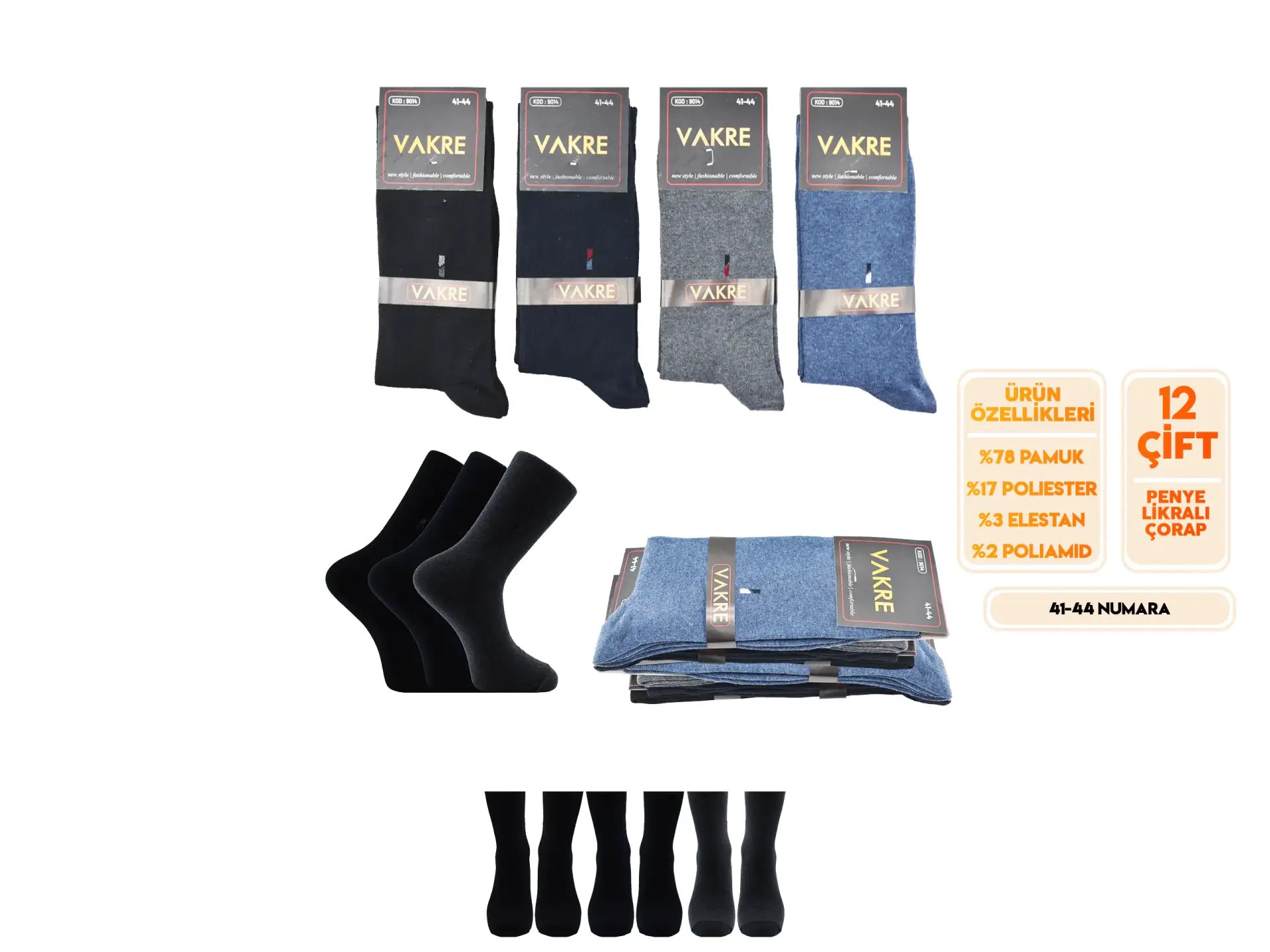 Vakre 9014-40 (41-44) Erkek Penye Likralı Çorap