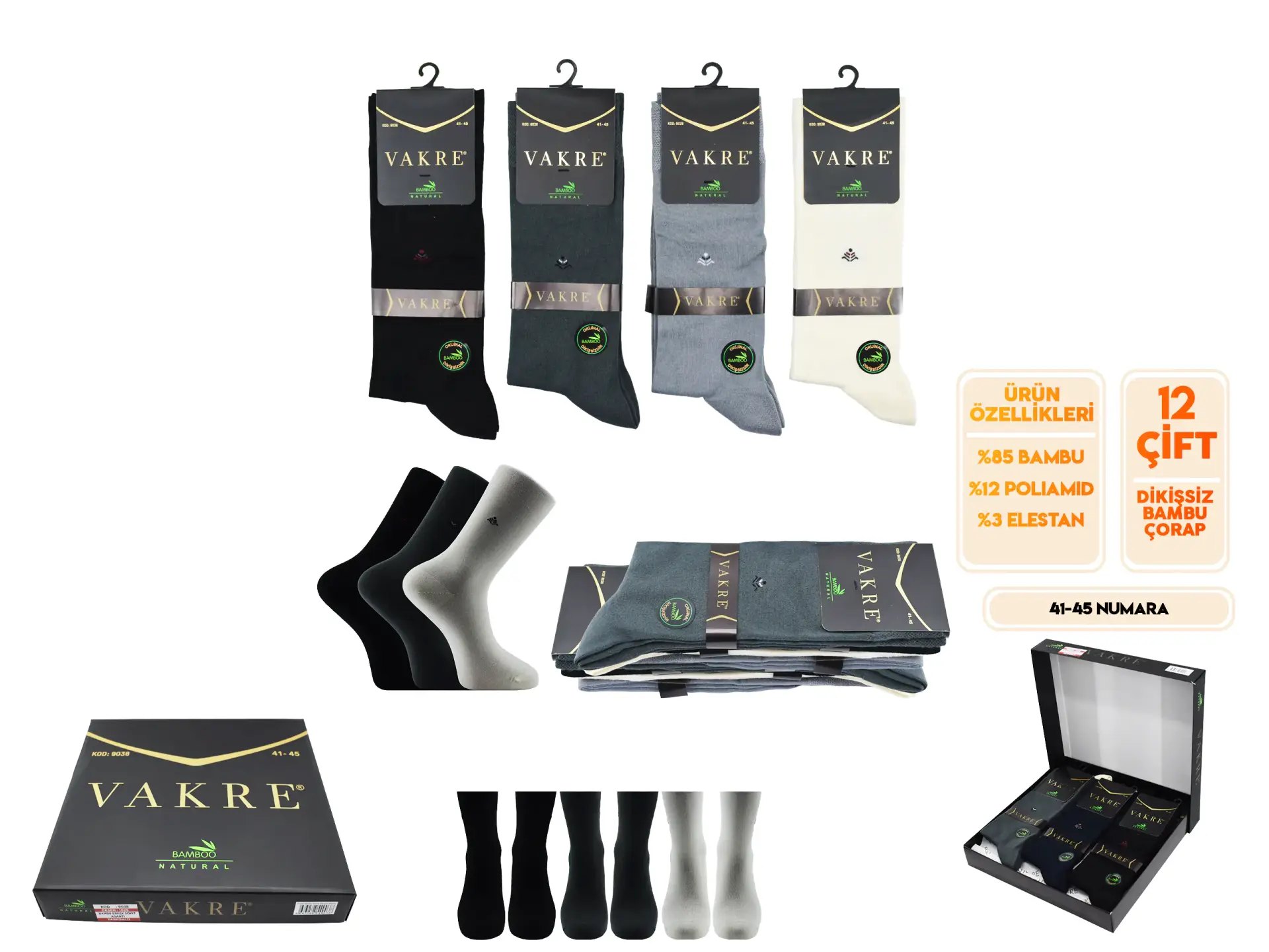 Vakre 9038 (41-45 NO) Dikişsiz Erkek Bambu Çorap