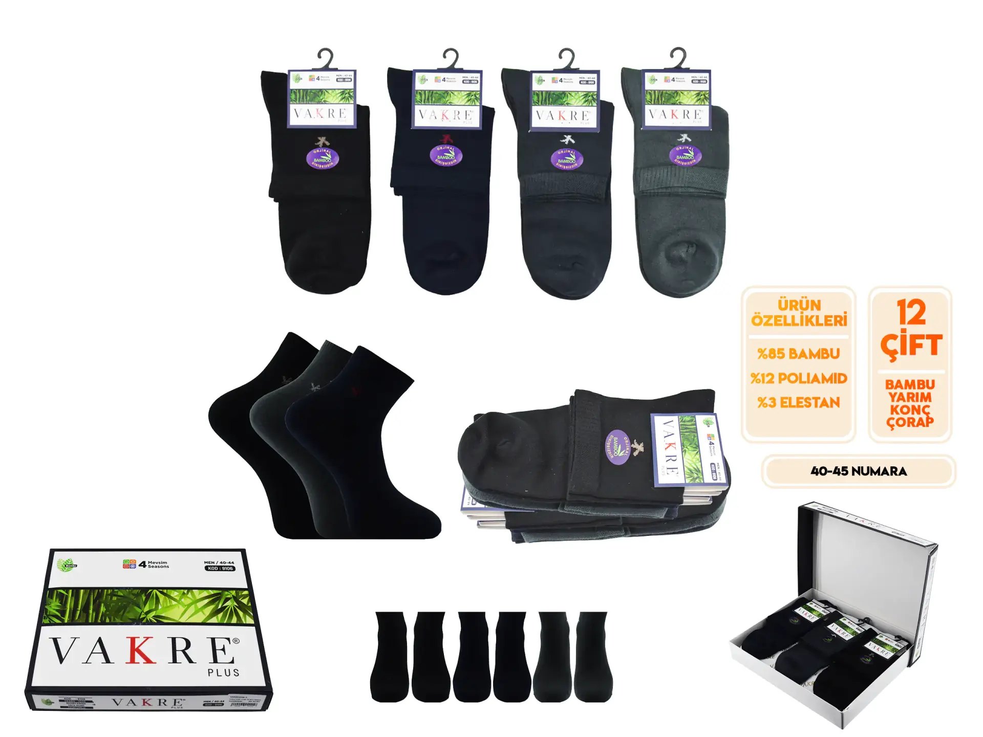 Vakre 9106-2 (40-44 NO) Dikişsiz Erkek Bambu Yarım Konç Çorap