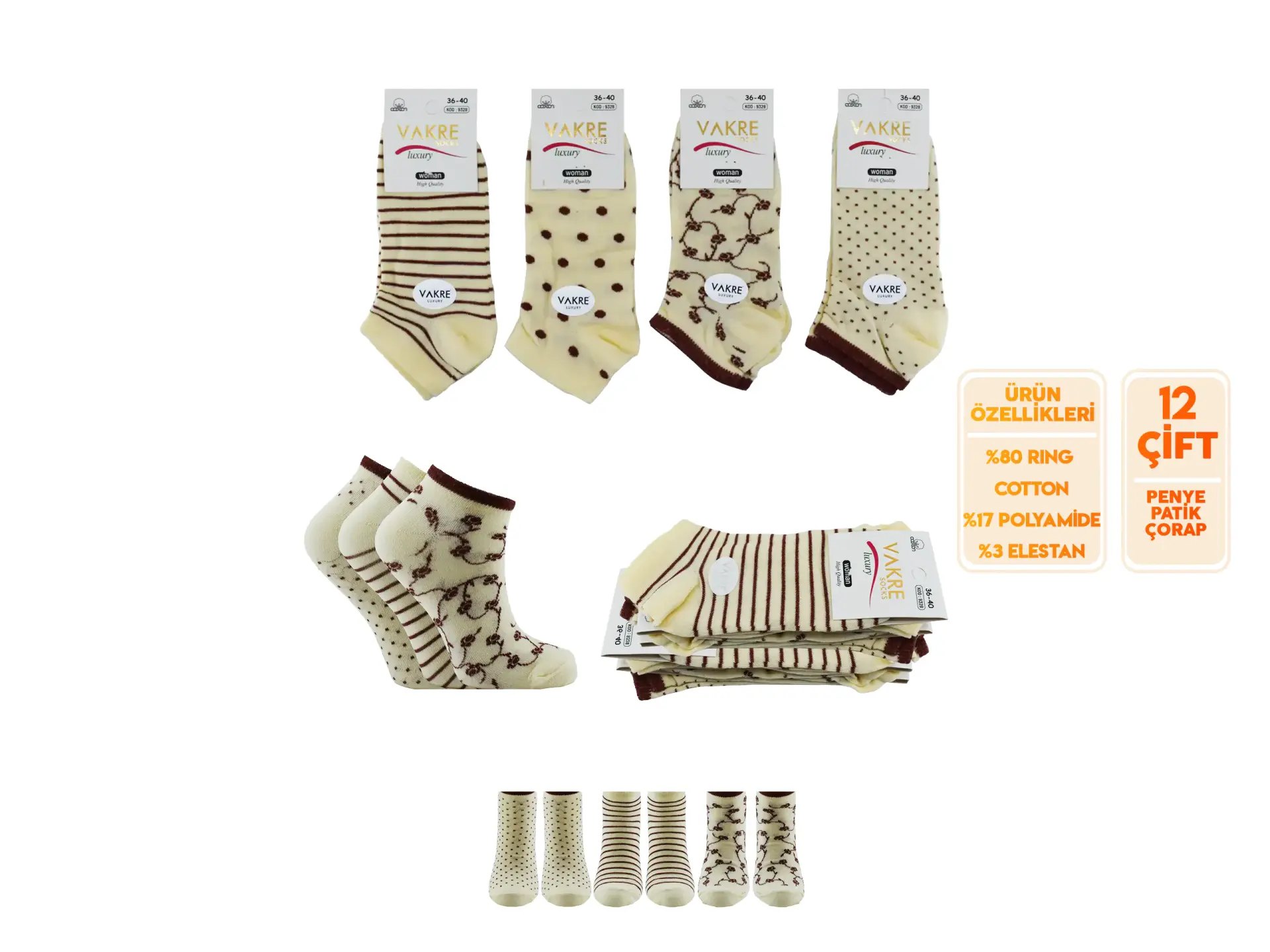 Vakre 9328-26 (36-40) Bayan Penye Patik Çorap
