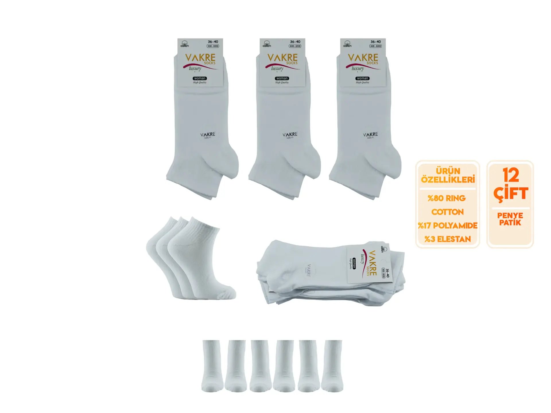 Vakre 9328-Beyaz (36-40) Bayan Penye Patik Çorap