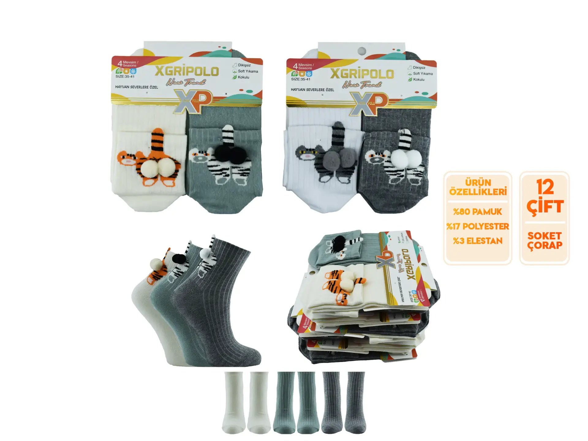 XGRİ POLO B-104 (35-41) Dikişsiz Ponponlu Bayan Soket Çorap