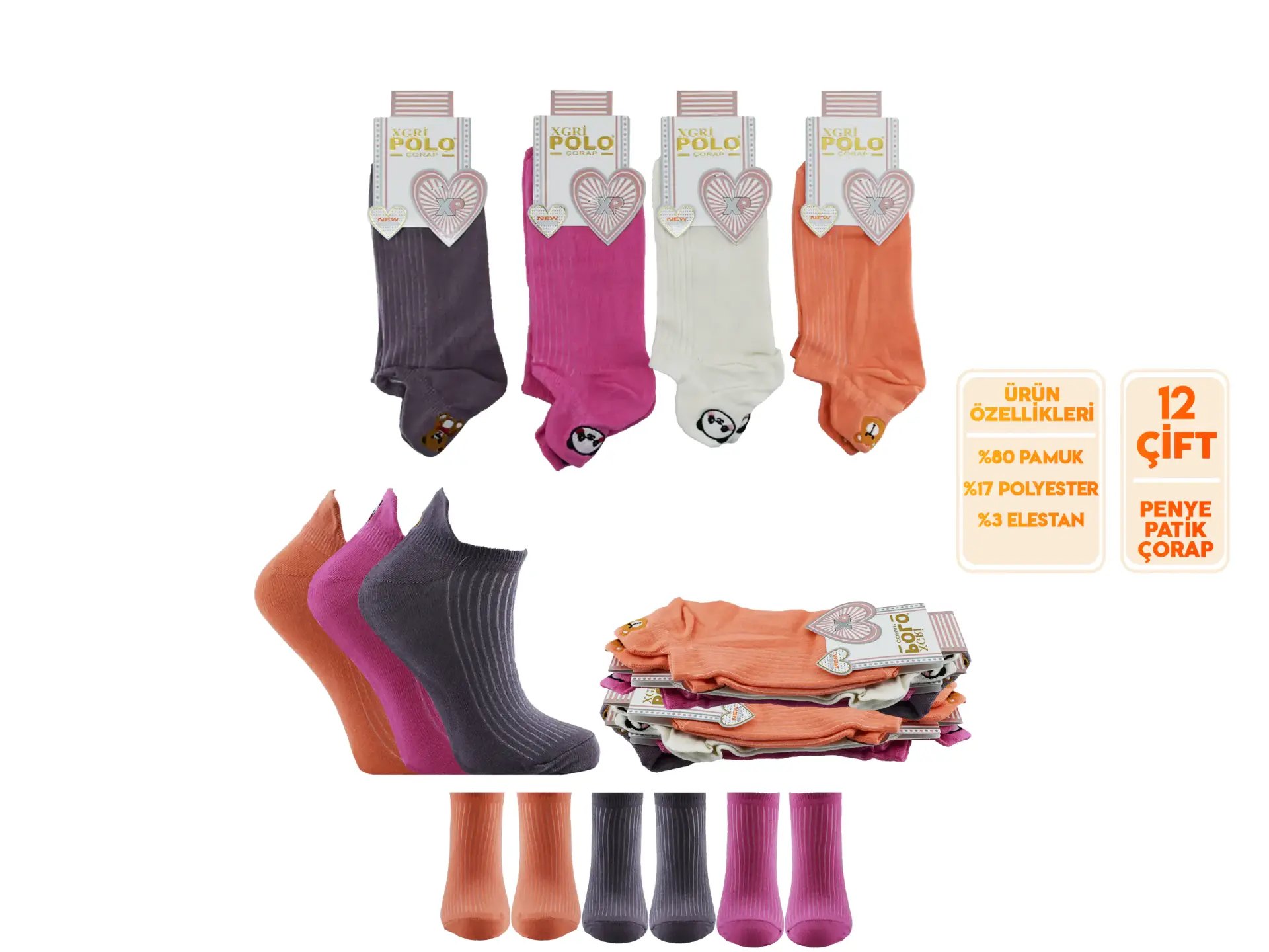 XGRİ POLO B-8 (35-40) Nakışlı Bayan Penye Patik Çorap
