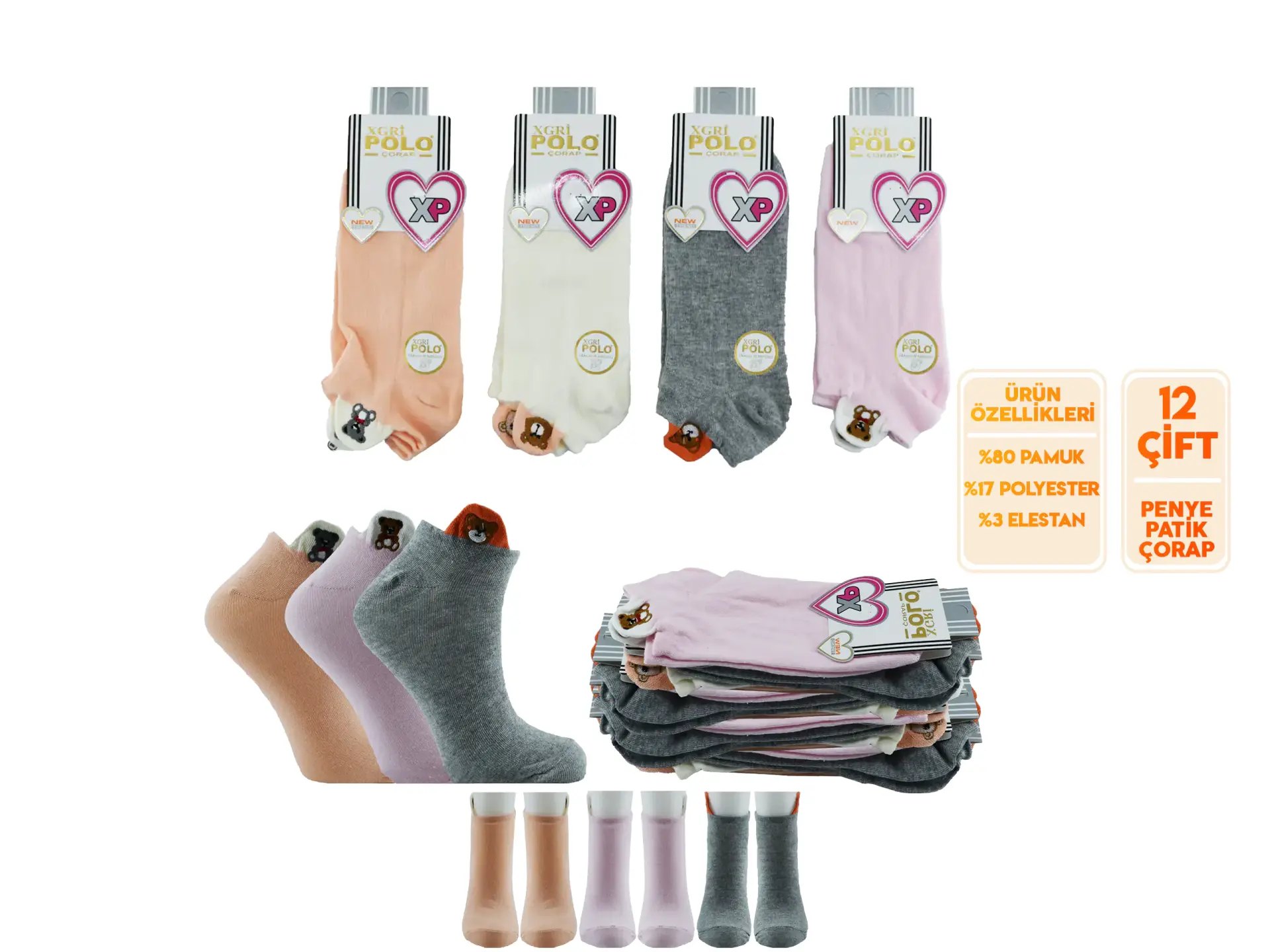 XGRİ POLO B-85 (35-40) Yıkamalı Nakışlı Bayan Penye Patik Çorap