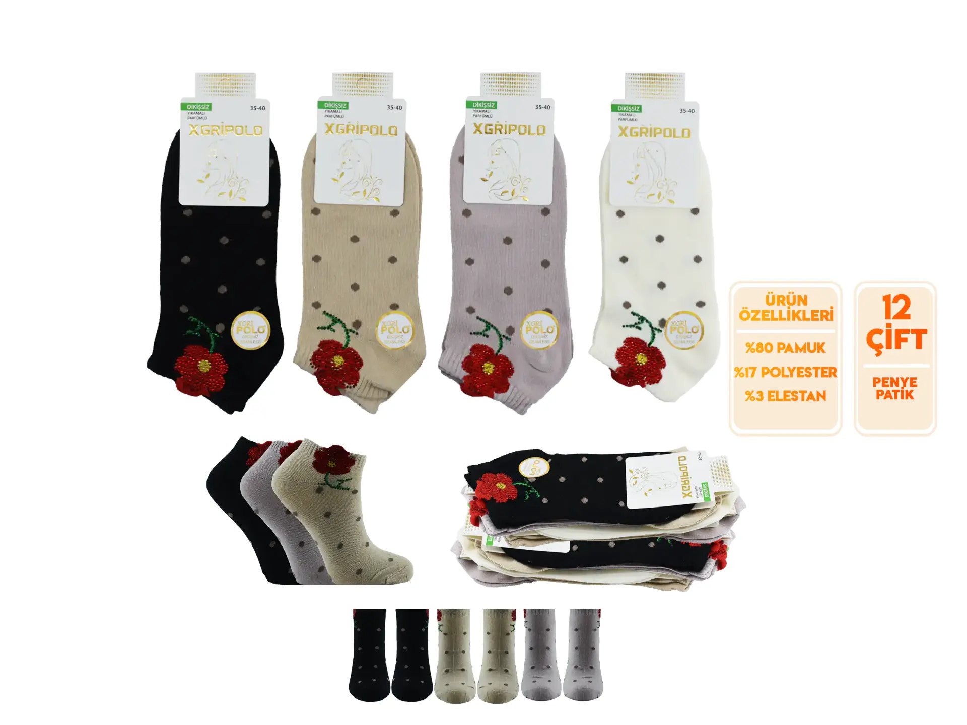 XGRİ POLO 9-1 (35-40) Bayan Taşlı Modelli Penye Patik