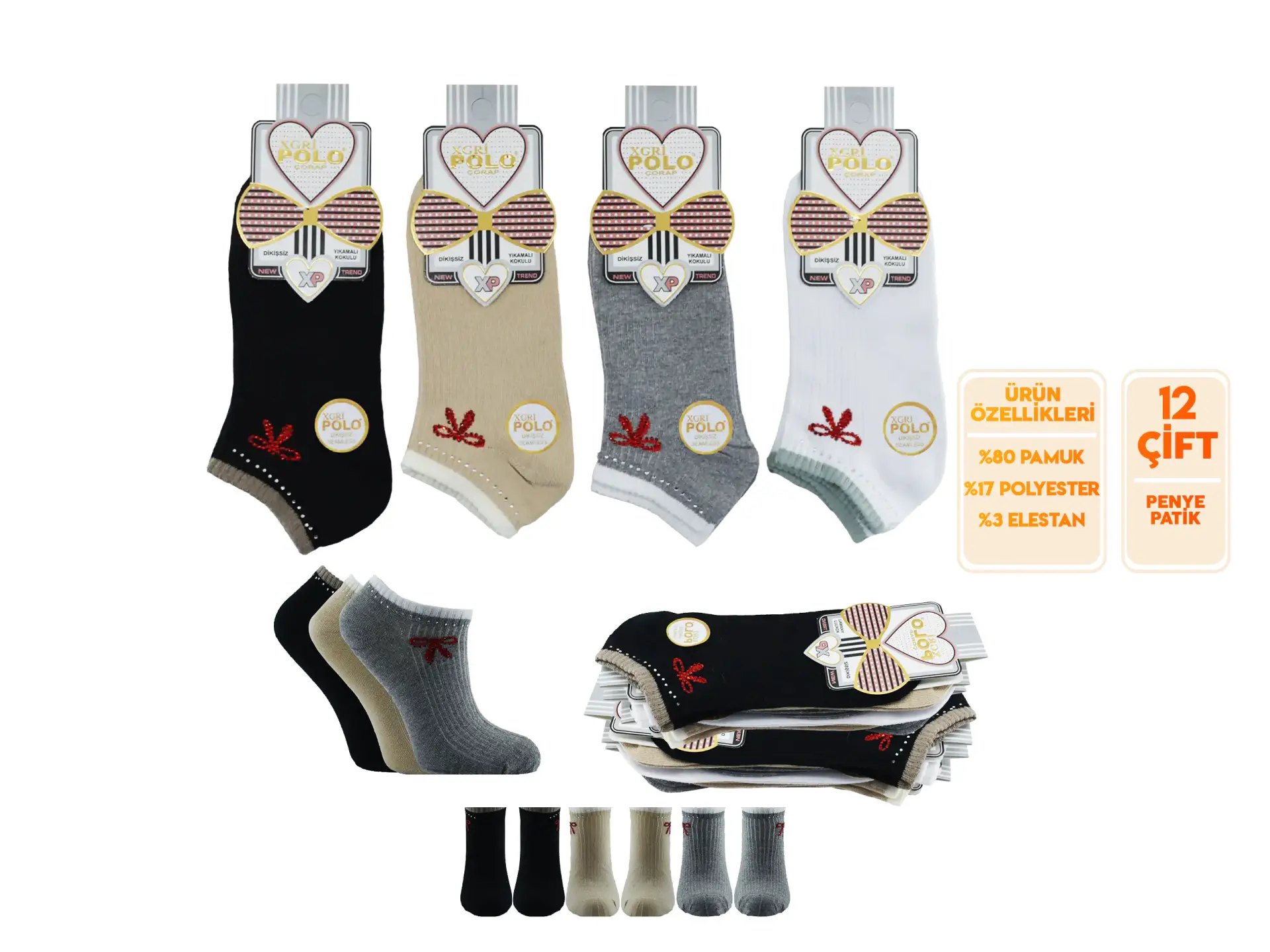 XGRİ POLO 9-3 (35-40) Bayan Taşlı Modelli Penye Patik