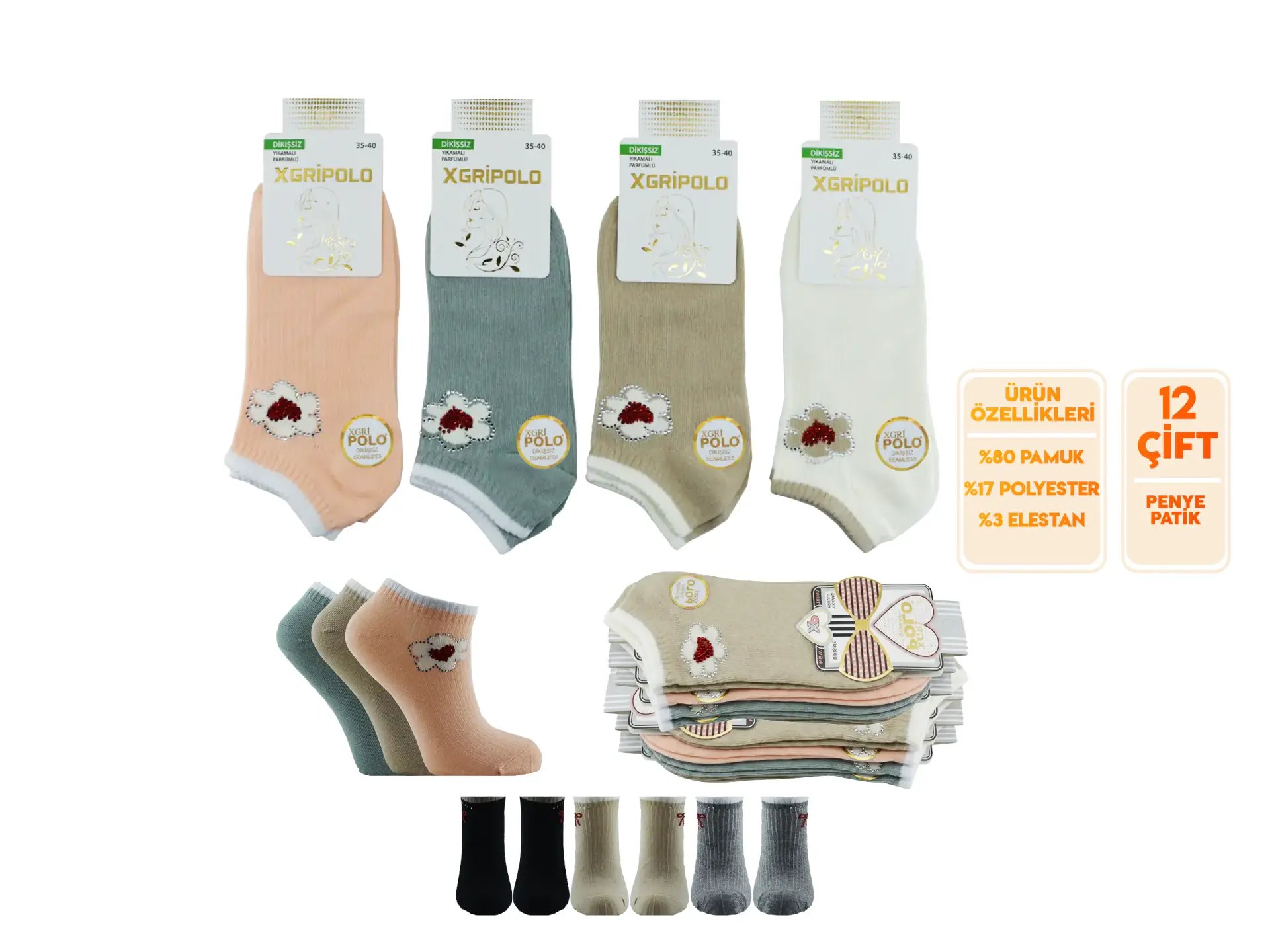 XGRİ POLO 9-4 (35-40) Bayan Taşlı Modelli Penye Patik