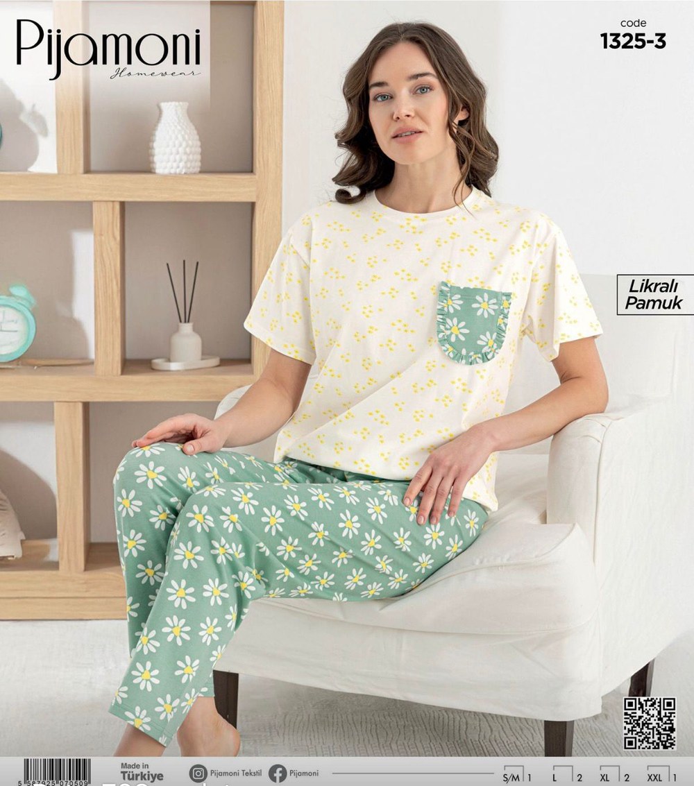 Pijamoni 1325 Likralı Pamuk Kısa Kol Bayan Pijama Takım KOD-3