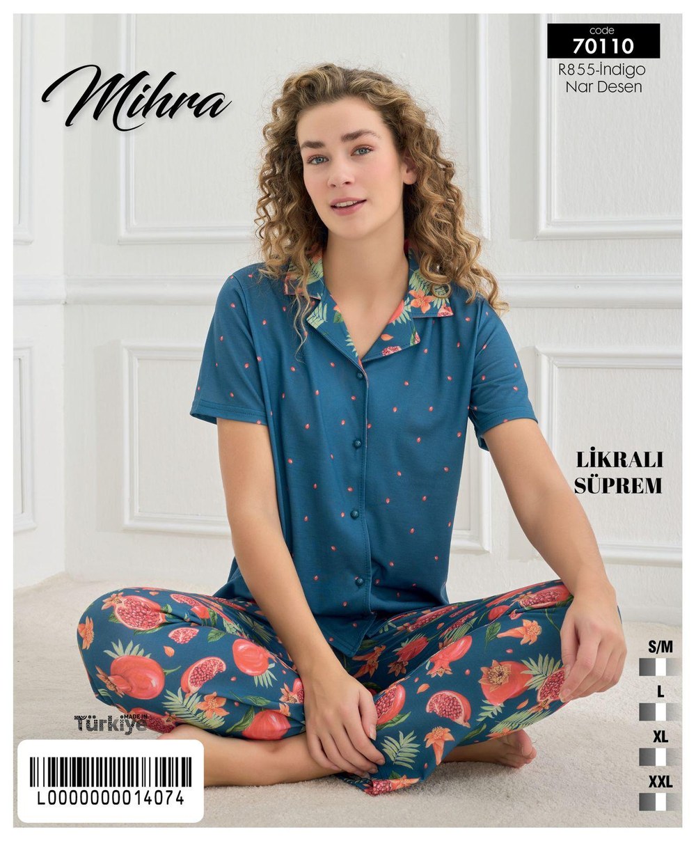Mihra 70110 Likralı Süprem Kadın Kısakol Düğmeli Pijama Takım KOD-3