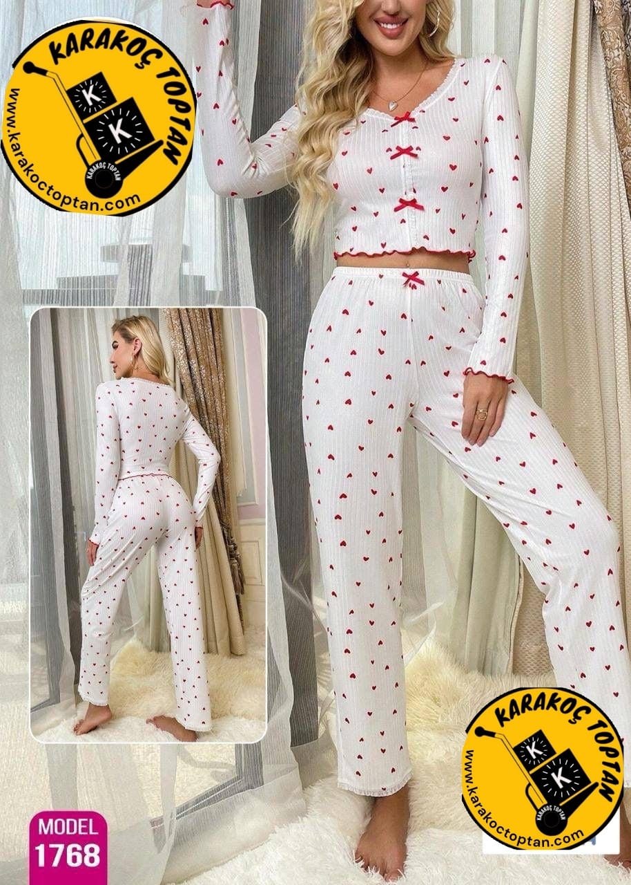 Rotana Milan Fitilli Kalpli Uzun Kollu Pijama Takım KOD-7