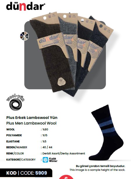 Dündar 5909 Erkek Lambswool Yün Çorap SİYAH
