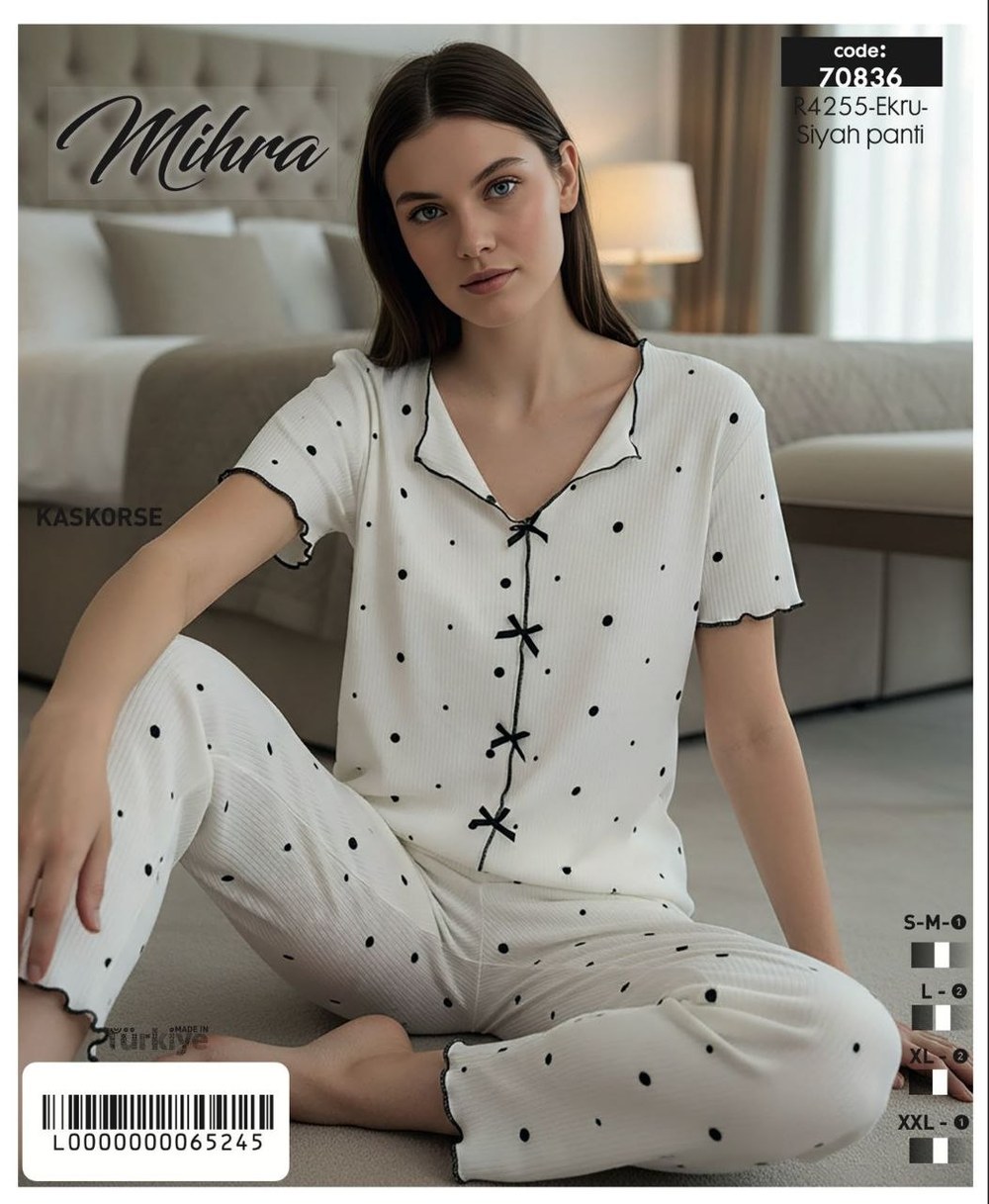 Mihra 70836 Kaşkorse Puantiyeli Kısa Kol Bayan Pijama Takım KOD-3