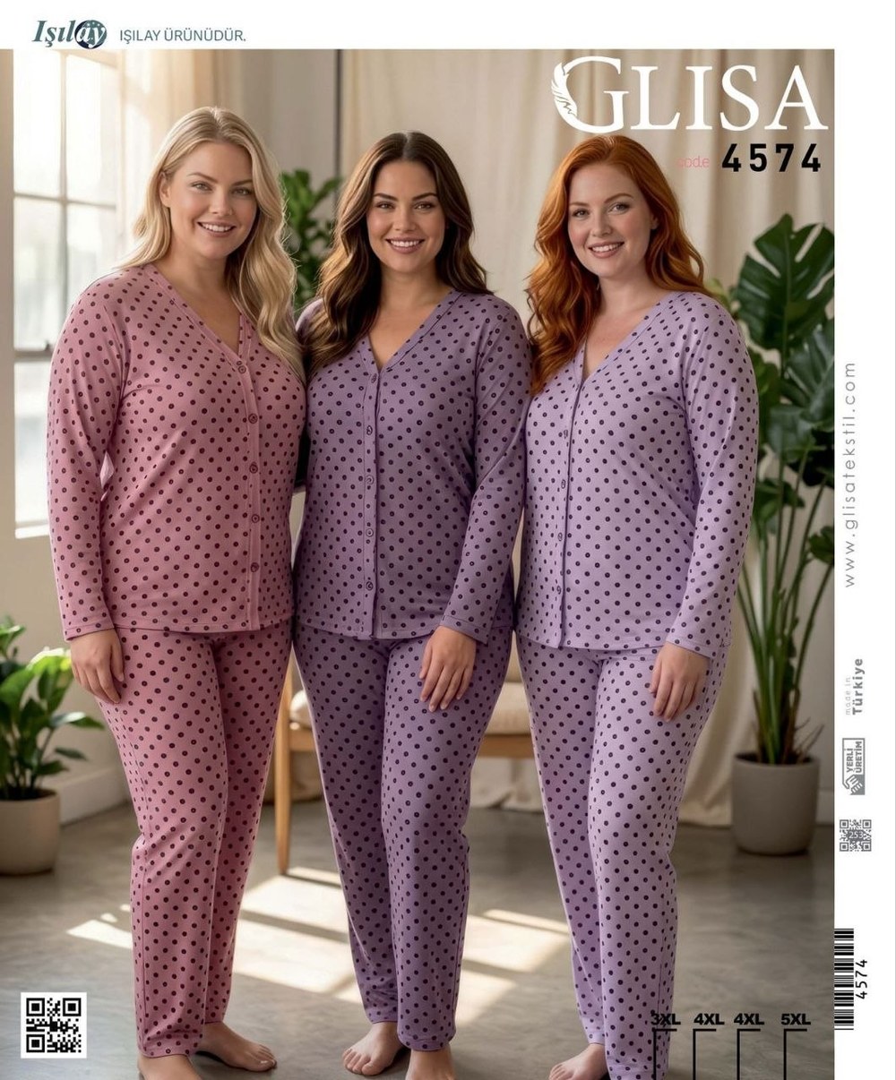 Glisa 4574 Viskon Uzun Kol Düğmelli Battal Bayan Pijama Takım KOD-3