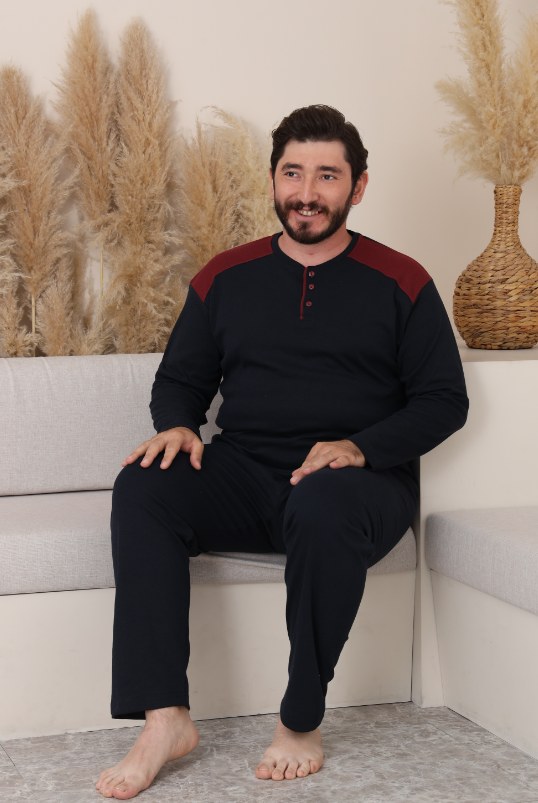 Glisa 8581 Süprem Düğmeli Uzun Kol Battal Erkek Pijama Takım KOD-3