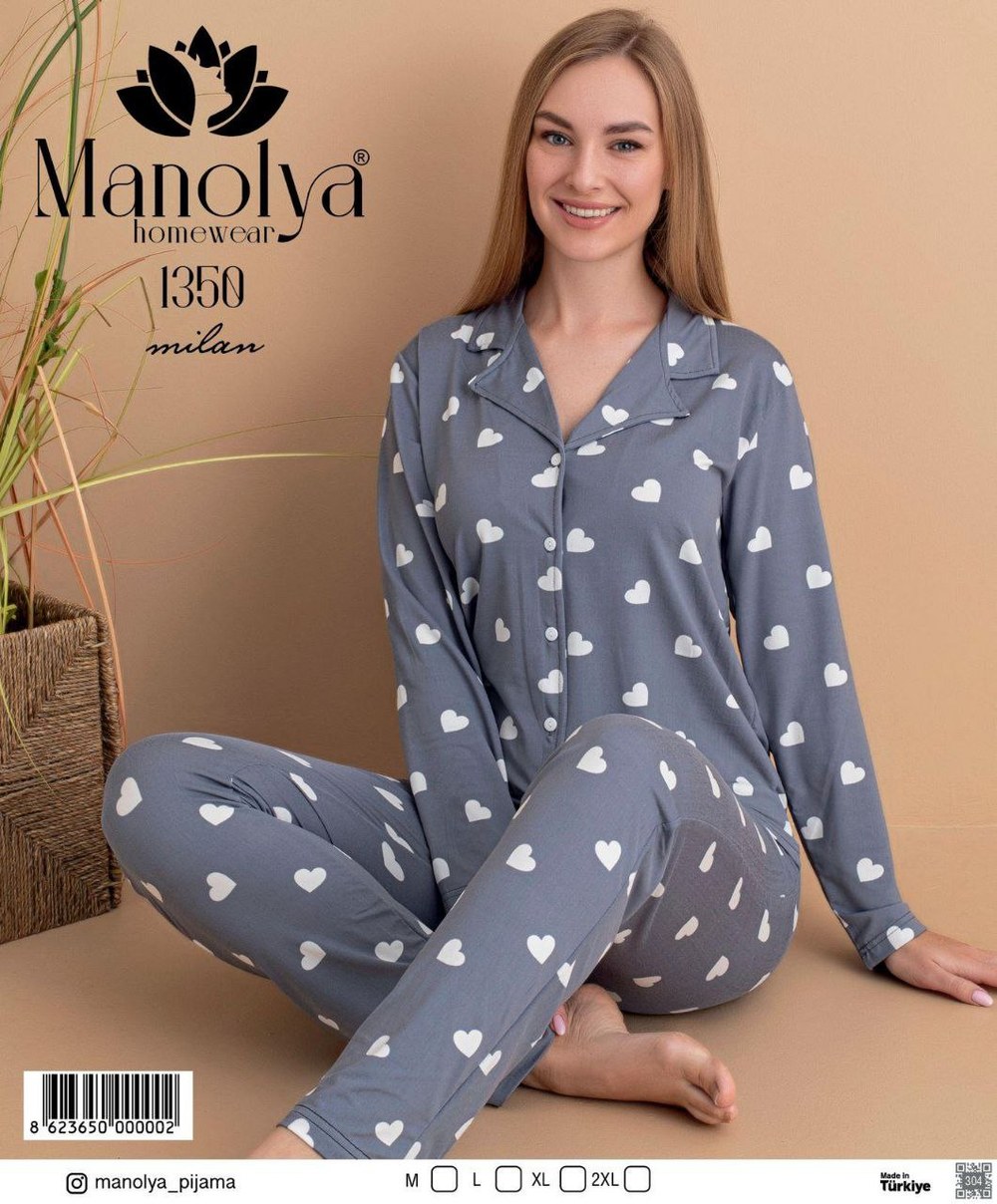 Manolya Milan Düğmeli Uzun Kol Pijama Takım + KOD-4
