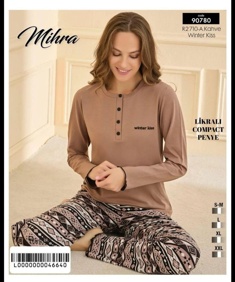 Mihra 90780 Likralı Compact Penye Uzun Kollu Bayan Pijama Takım KOD 1