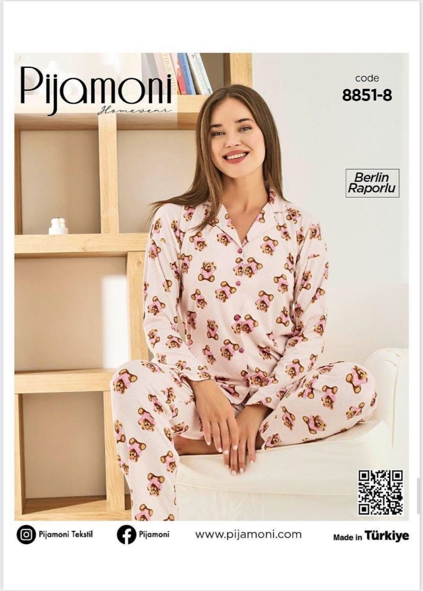 Pijamoni 8851 Berlin Raporlu Düğmeli Pijama Takım KOD-2