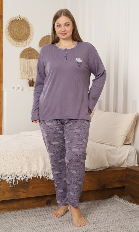 Glisa 4571 Viskon Düğmeli Uzun Kol Battal Bayan Pijama Takım KOD-1