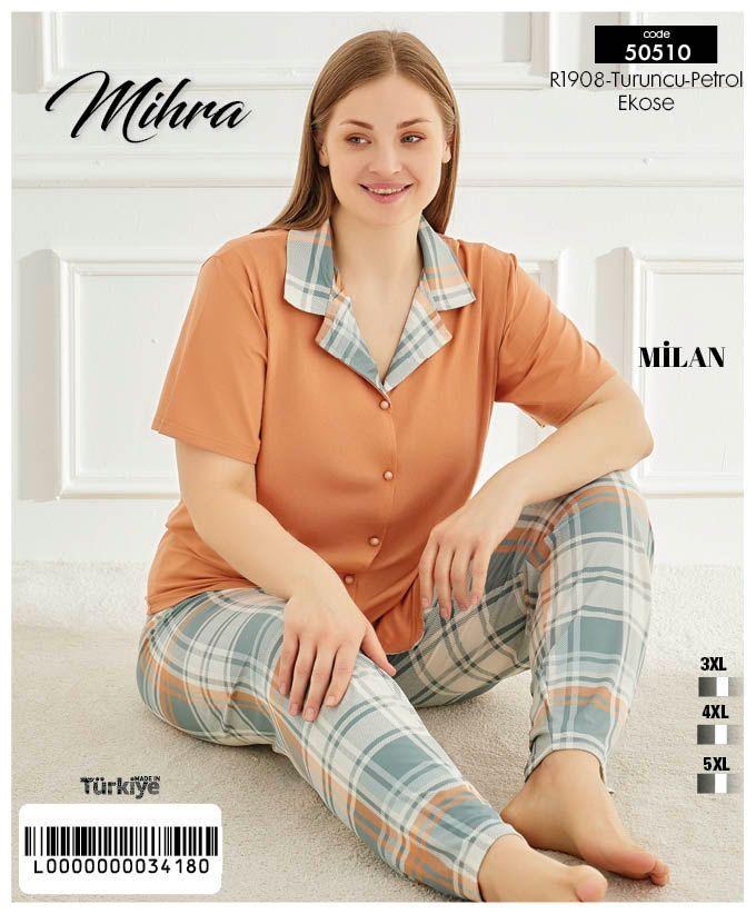 Mihra 50510-50501 Milan Battal Beden Önü Düğmeli Kısakol Kadın Pijama Takım KOD-3