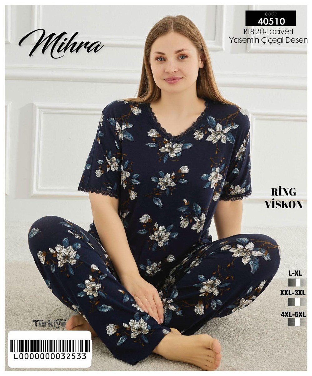 Mihra 40510 Ring Viskon Battal Kısakol Altı Uzun Pijama Takım + KOD-5