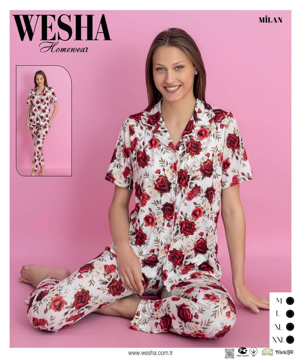Weşha Milan Kumaş Düğmeli Kısakol Kadın Pijama Takım KOD-1