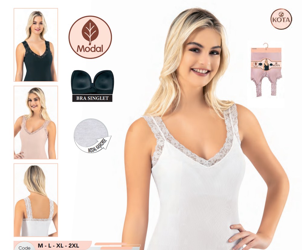 Kadın Dantelli V Yaka Bra Singlet Modal Kaşkorse Atlet