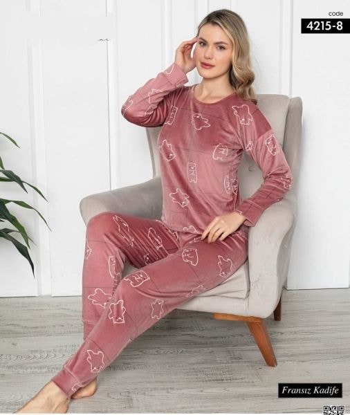 Pijamoni 4215-8 Baskılı Kadife Pijama Takım