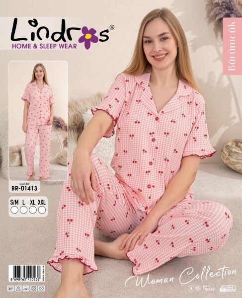 Lindros 01413 Bürümcük Düğmeli K.Kol Pijama Takım