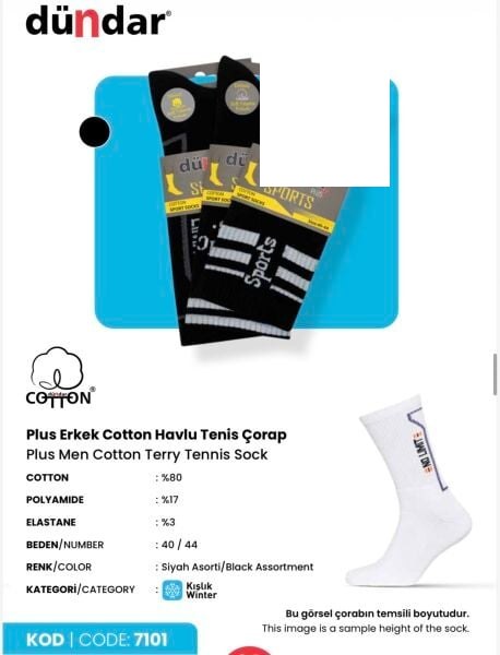 Dündar 7101 Erkek Plus Tenis Taban Havlu Çorap Beyaz