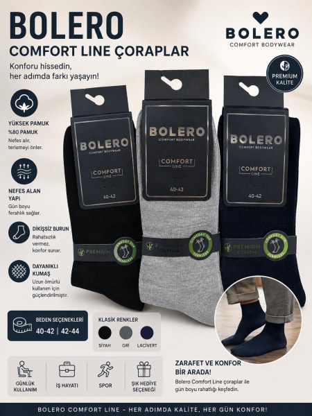 BOLERO E22 ROLL TOP DİYABETİK LASTİKSİZ ÇORAP SİYAH