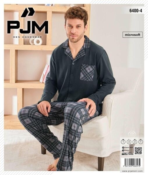 Pjm 6400-4 Erkek Önü Düğmeli Penye Pijama Takım